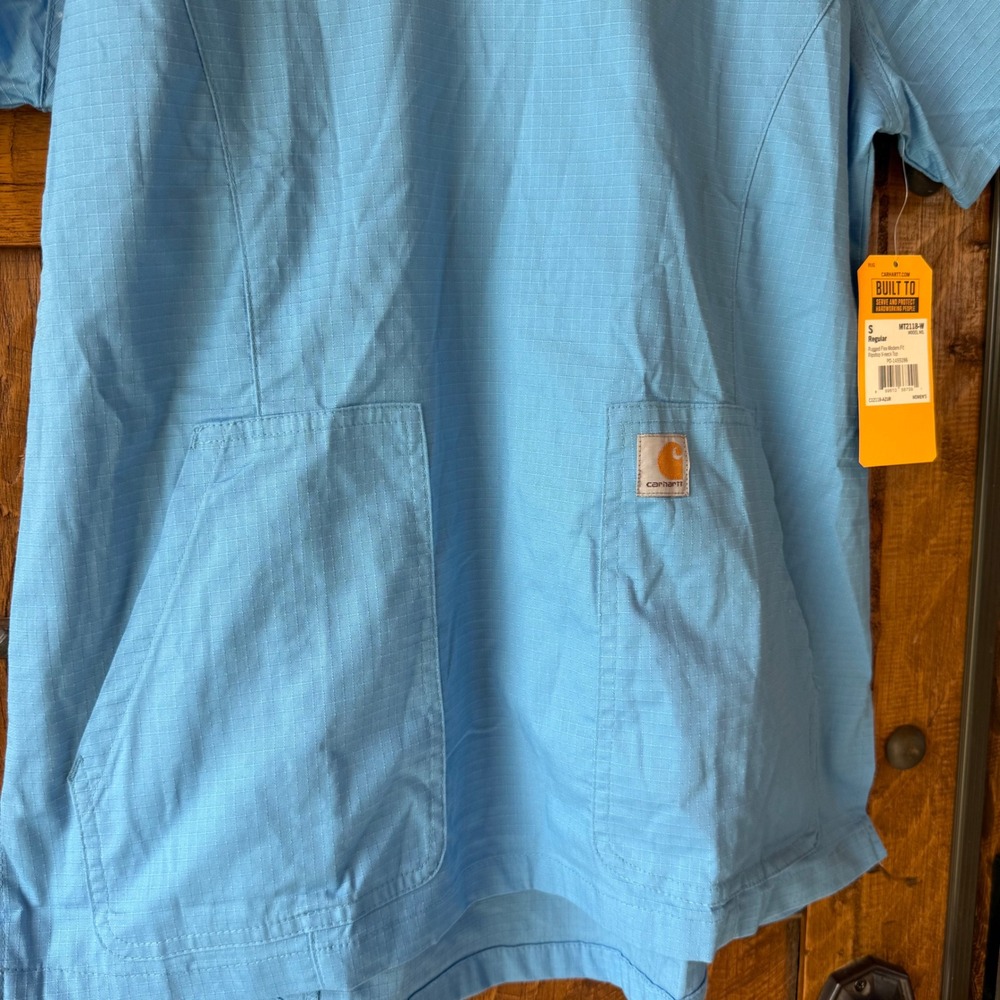 Carhartt Scrub Top Womens S Light Blue Rugged Flex V-Neck Ripstop Pockets C12118 - Picture 3 of 6